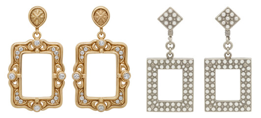Empty Frame Luxury Earrings Set – Gold and Silver Square Dangle Earrings with Gemstones for Jewelry Design Templates and Fashion Accessories Marketing