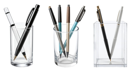 Elegant Writing Instruments in Glass Containers - Black and Silver Pens in Transparent Holders for Office Organization, Business Stationery, and Corporate Branding