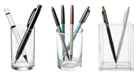 Elegant Writing Instruments in Glass Containers - Black and Silver Pens in Transparent Holders for Office Organization, Business Stationery, and Corporate Branding