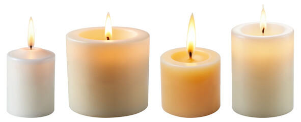 Set of Burning Pillar Candles on Transparent Background for Home Decor, Wedding Design, and Spa Promotional Materials