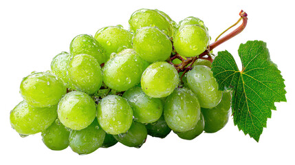 A cluster of fresh green grapes glistening with water droplets, showcasing their plump and juicy appearance.