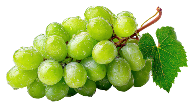 A cluster of fresh green grapes glistening with water droplets, showcasing their plump and juicy appearance.