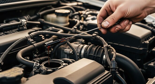 Mechanic checking car engine oil level with dipstick close up