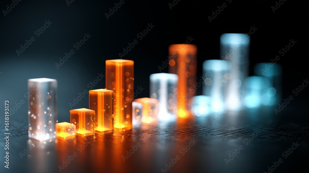 Poster a close-up of a d bar graph with glowing edges on each bar, representing different data sets, agains