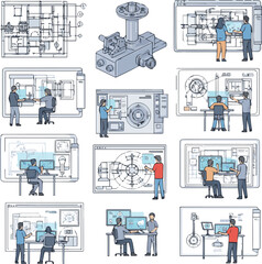 Create a kinds of deferent CAD Drawings. Set people working on the table outlines vector art color with white background.