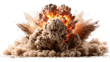 A powerful explosion erupts, sending a massive cloud of smoke and debris into the air, highlighting intense energy and force.