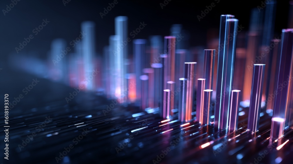Poster a close-up of a d bar graph with glowing edges on each bar, representing different data sets, agains