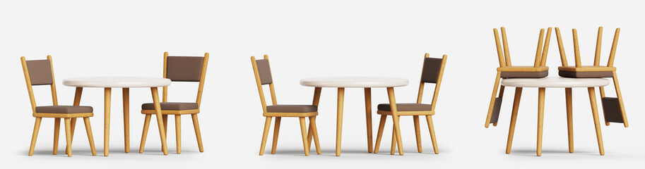 Dining room group, round table and chairs upside down. Render 3d set of empty interior furniture for home, restaurant or cafe. Kitchen desk of white plastic top, wooden legs and seats. 3D illustration