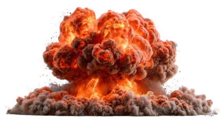 A dynamic explosion features billowing clouds of smoke and vibrant orange flames, illustrating a powerful and dramatic visual effect.