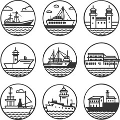 Obraz premium Maritime Icons: Nine Monochrome Line Art Illustrations of Ships, Boats, and Lighthouses.