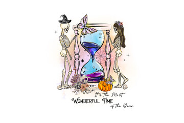It's the most wonderful time of the year, Sexy Witch Women with Hourglass and Quote Halloween Sublimation Design isolated on transparent background