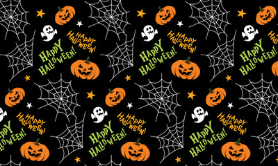 Seamless Halloween pattern with spiderwebs, pumpkins, and spiders on an black background. Ideal for textiles, packaging, and wallpapers. A festive background for Halloween.