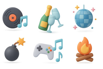 Colorful 3d icons of music, celebration, and fun activities