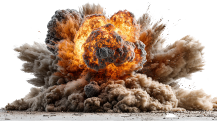 A dramatic explosion with fiery orange and yellow flames surrounded by dark smoke and debris against a black background.