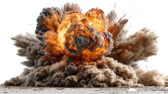 A dramatic explosion with fiery orange and yellow flames surrounded by dark smoke and debris against a black background.