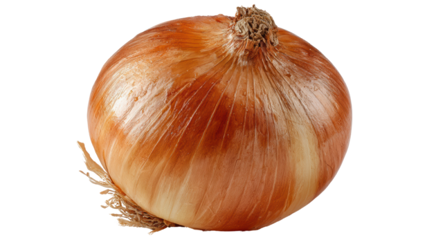 A round, brown onion with a smooth skin and distinct layers, showcasing its natural sheen and texture.