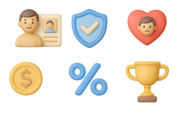 3d icons of identity, security, love, finance, and achievement for applications