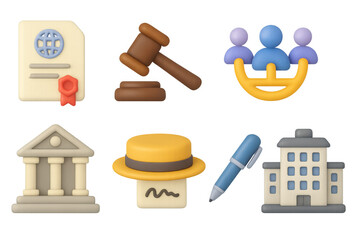 3d legal icons: justice, documents, and government symbols