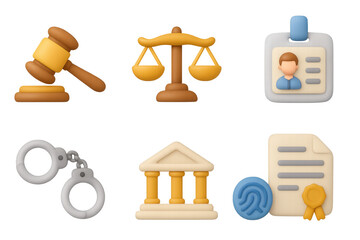 Colorful 3d law icons set featuring gavel, scales, and legal documents