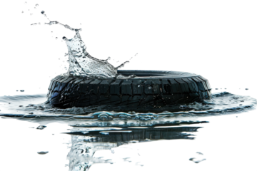 Water splashes around a tire floating in a clear body of water on a bright sunny day