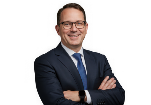 Smiling man in suit with arms crossed on transparent background