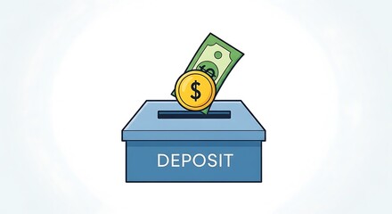 Money being deposited into a blue box labeled deposit
