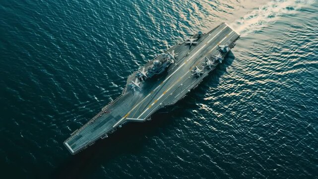 Aerial view of aircraft carrier sailing on the ocean with fighter jets on the deck at daytime