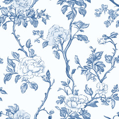 Floral Blue Chinoiserie. Toile De Jouy Vintage Seamless Pattern 12 Elegant Vector Graphics. Featuring delicate florals, buds and romantic motifs, this seamless pattern is crafted to perfection.