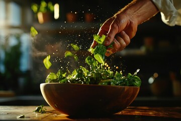 Dynamic chef tossing fresh green salad in wooden bowl kitchen setting food preparation culinary art close-up healthy eating concept