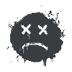 Grunge sad face with pixelated dotted texture and spray paint splatters. Punk vector emotion symbol with halftone ink effect. Urban gothic graphic for collages, scrapbooking.	
