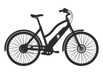 black silhouette of electric bicycle with lightning bolt symbol, no background