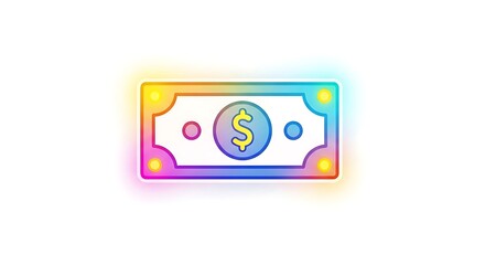 Colorful glowing dollar bill icon with coin