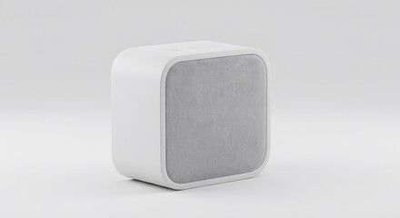 A white cubic speaker with rounded edges featuring a gray mesh front sits on a white surface against a white background