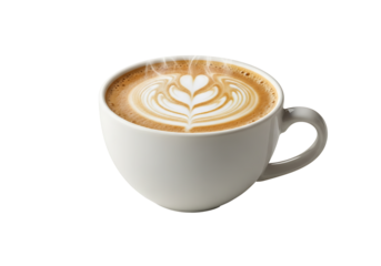 Latte art in a white ceramic mug.