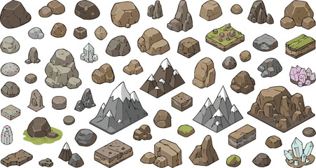 Create a kinds of Stones and rocks in isometric flat style. Big set cartoon. For mountains, geology, mineral concepts. vector art with white background.