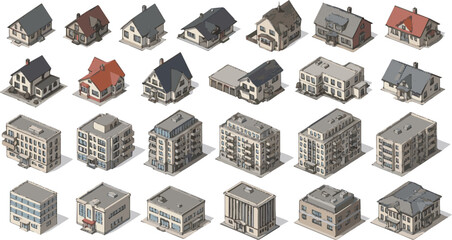 Create a Houses and Buildings top view. Isolated elements for design of cities plans. Objects to the map view from above. vector art with white background.