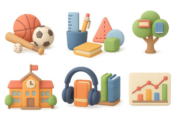 Colorful school supplies and classroom icons in 3d cartoon style for education themes