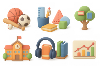 Colorful school supplies and classroom icons in 3d cartoon style for education themes