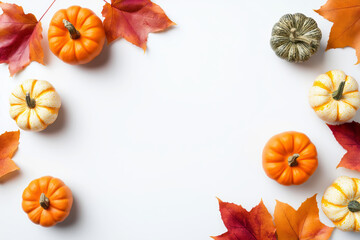 Obraz premium Colorful autumn decorations with pumpkins and vibrant leaves arranged for seasonal celebration