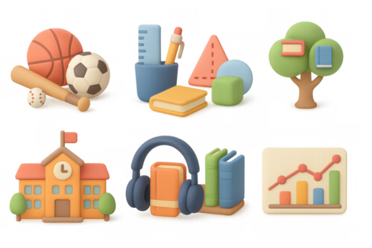 Colorful school supplies and classroom icons in 3d cartoon style for education themes