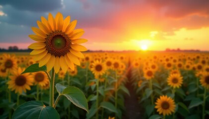 Obraz premium Lone sunflower, backlit by sunset, rainbow spans vast field, symbolic of hope , sky, background