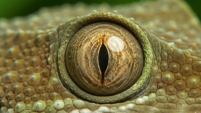 Macro of a geckos eye gold iris vertical pupil bumpy skin texture focus on the eye