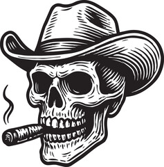 Skull smoking cigar wearing cowboy hat hand drawn vector illustration