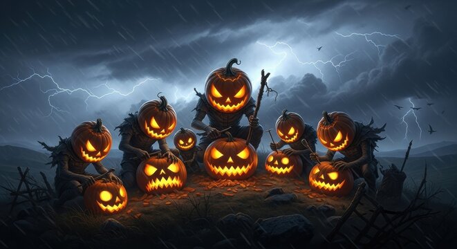 Eerie gathering of pumpkin-headed figures beneath a stormy sky with striking lightning - Powered by Adobe