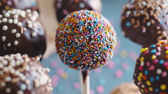 A close up of several chocolate cake pops decorated with colorful sprinkles on wooden sticks