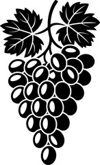 Delicate black silhouette of round stemmed grape cluster, ideal for autumn harvest designs, packaging, and botanical illustrations