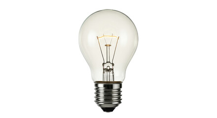 Traditional incandescent clear glass light bulb with filament isolated on white background.