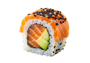 Close-up view of a salmon sushi roll with avocado.