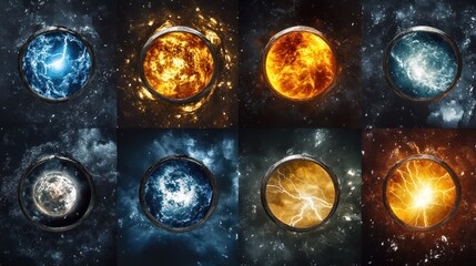 Nine circular celestial bodies, each radiating different energies, set against a backdrop of cosmic nebulae and swirling stars; showcasing diverse cosmic phenomena, including fire, lightning, and ice.