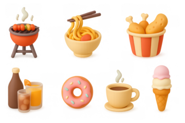 3d cartoon style fast food icons: barbecue, noodles, fried chicken, beer, doughnut, coffee, ice cream